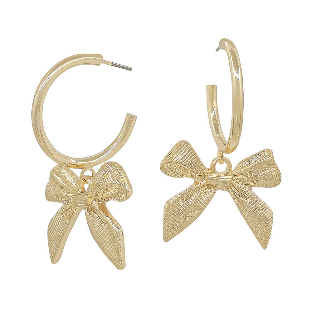 Gold Thin 1.5" Hoop with Bow Ribbon Drop Earring