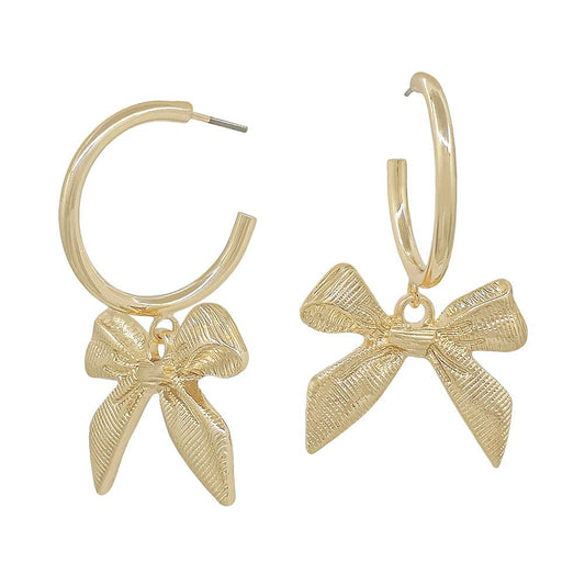 Gold Thin 1.5" Hoop with Bow Ribbon Drop Earring