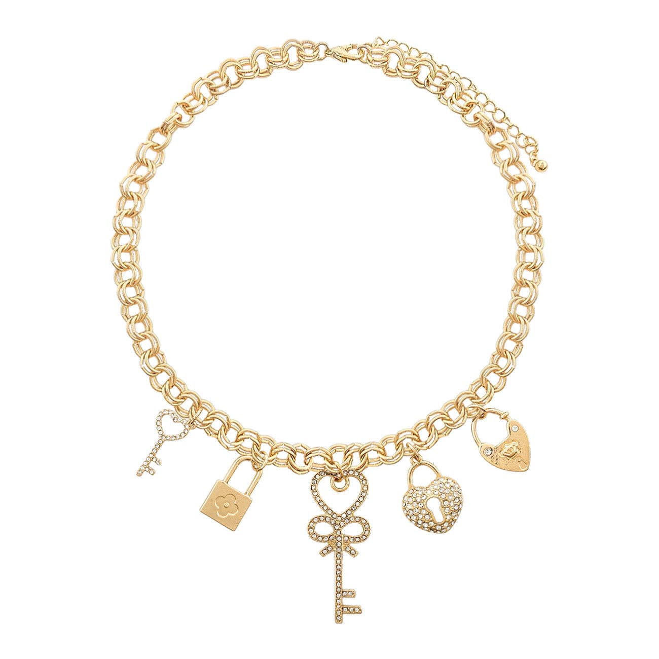 Gold Chain with Crystal Heart and Keylock Charms Necklace