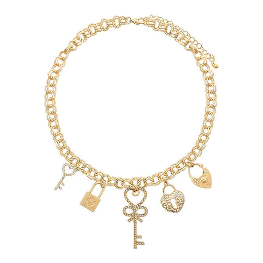 Gold Chain with Crystal Heart and Keylock Charms Necklace