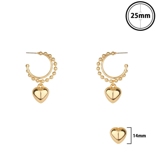 Gold Two Layered Beaded Hoop with Puffy Heart Drop 1.5" Earring