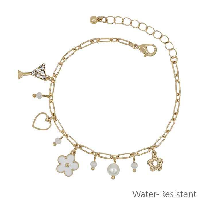 White Flower, Pearl, Heart, Multi Charm Bracelet