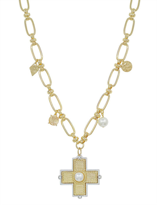 Textured Cross with Pearl Charm Necklace