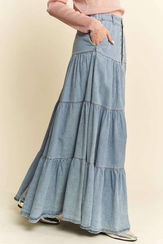 Denim Ruffle Hem Maxi Skirt
