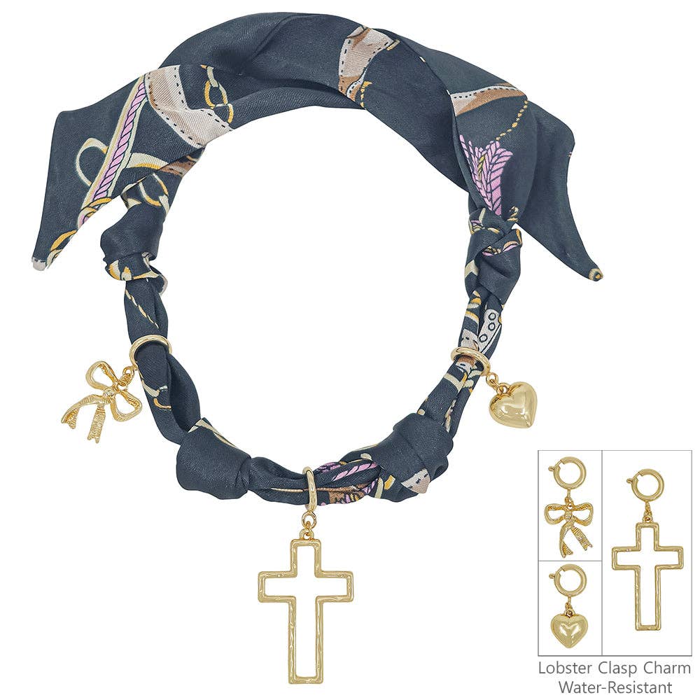 Black Knotted Scarf Necklace with Heart, Cross, and Pearl Charms