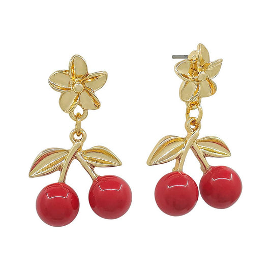 Gold Flower Stud with Cherry Drop Earrings