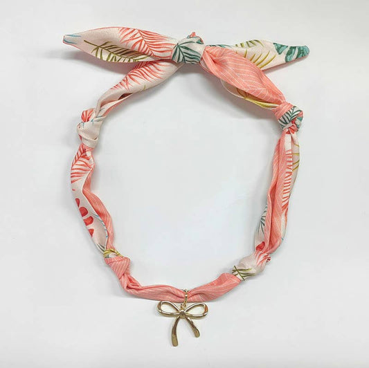 Scarf Necklace Hot Pink/White with Gold Bow