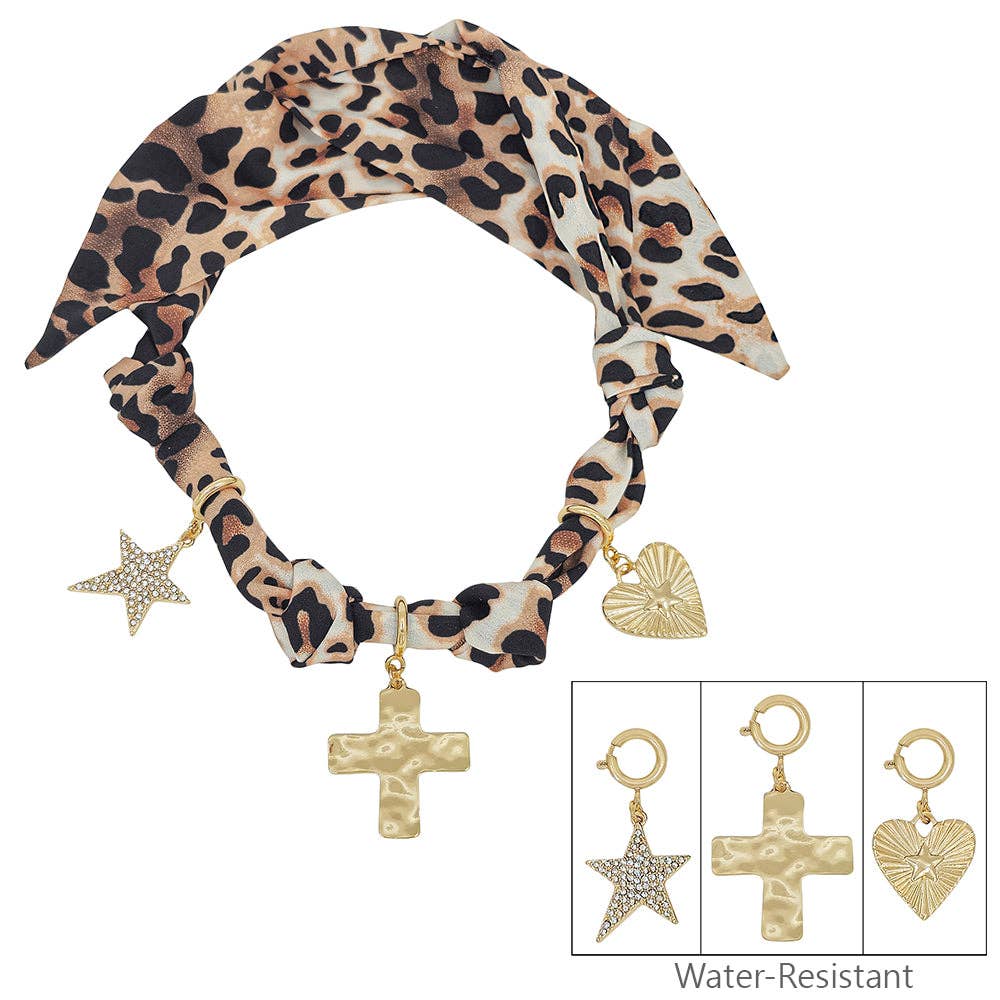 Cheetah Print Scarf Necklace with Heart, Cross, and Star Charms
