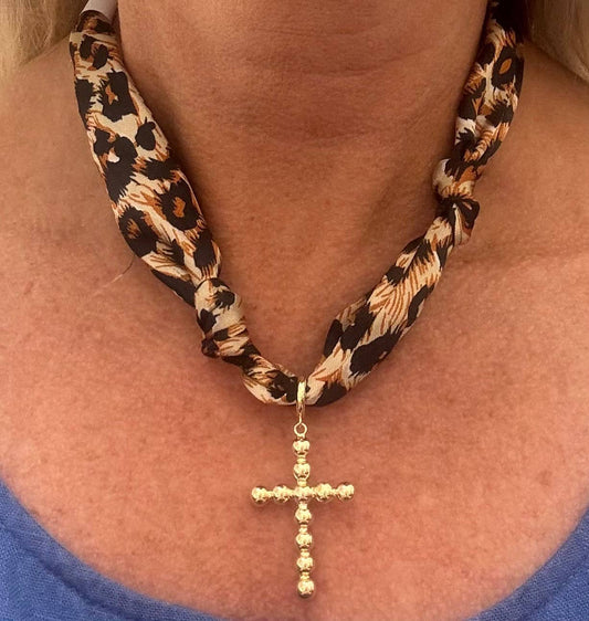Cheetah Print Knotted Scarf Necklace with Cross Charm