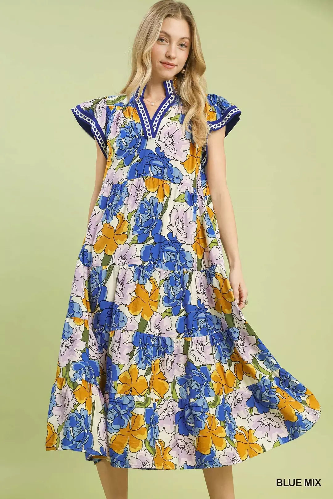 lily smocked floral print ruffle trim midi dress Mix Bold Floral Tiered Midi Dress