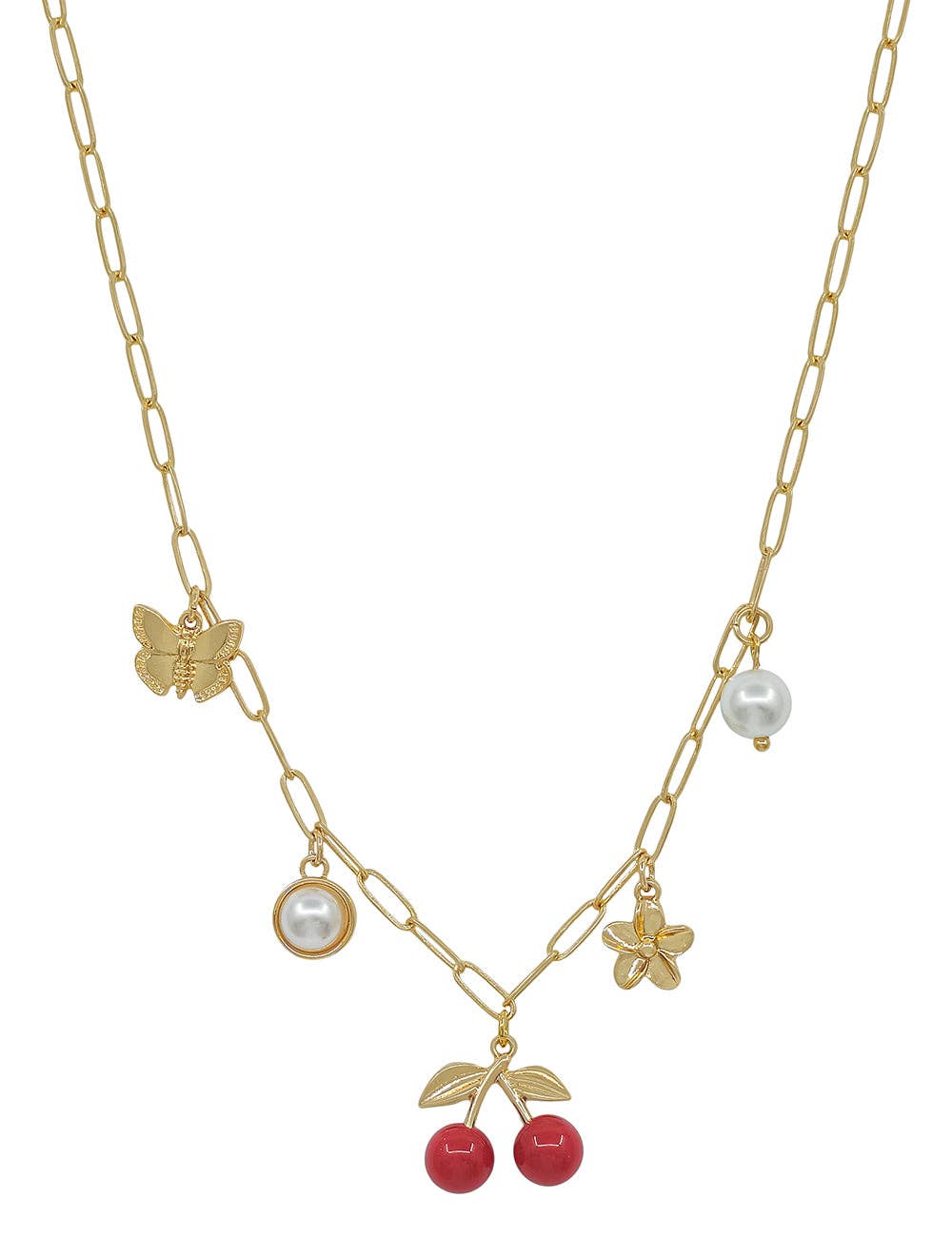Gold Chain with Cherries, Pearl, Flower Charms 16"-18" Necklace