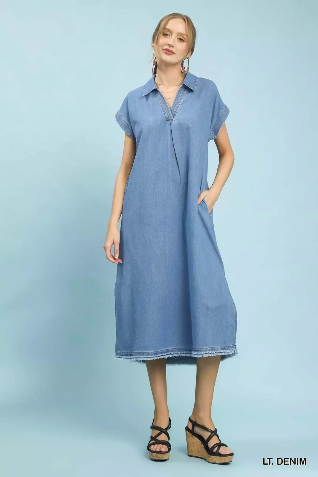 Umgee Stone Washed Collared Denim Midi Dress LT. Denim / M Umgee Stone Washed Collared Denim Midi Dress LT. Denim / M