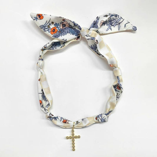 Scarf Necklace Beige/Navy with Bubble Cross