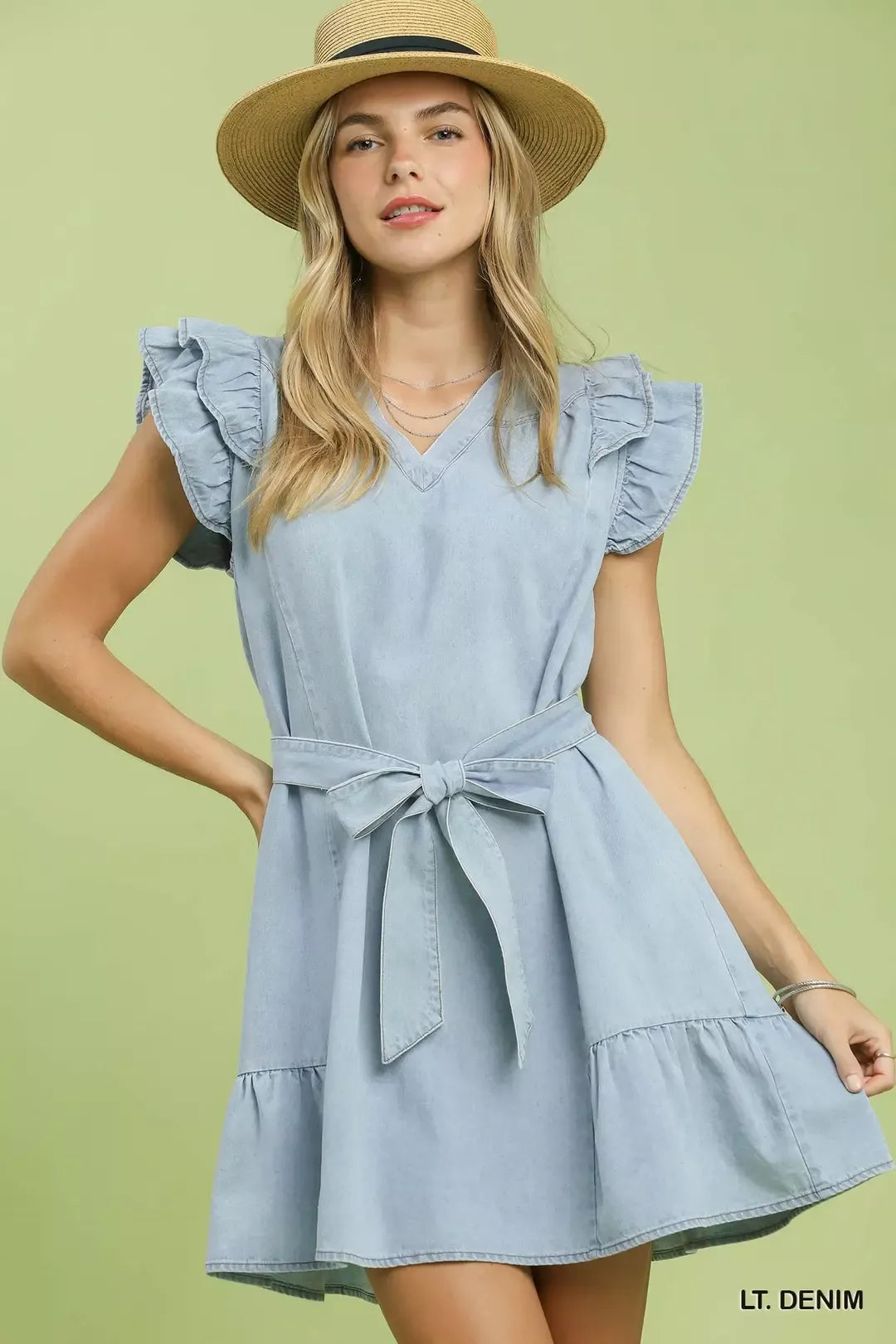 Chambray Ruffled Denim Dress with Side Pockets | Lily Grace Boutique Chambray Ruffled Denim Dress with Side Pockets | Lily Grace Boutique