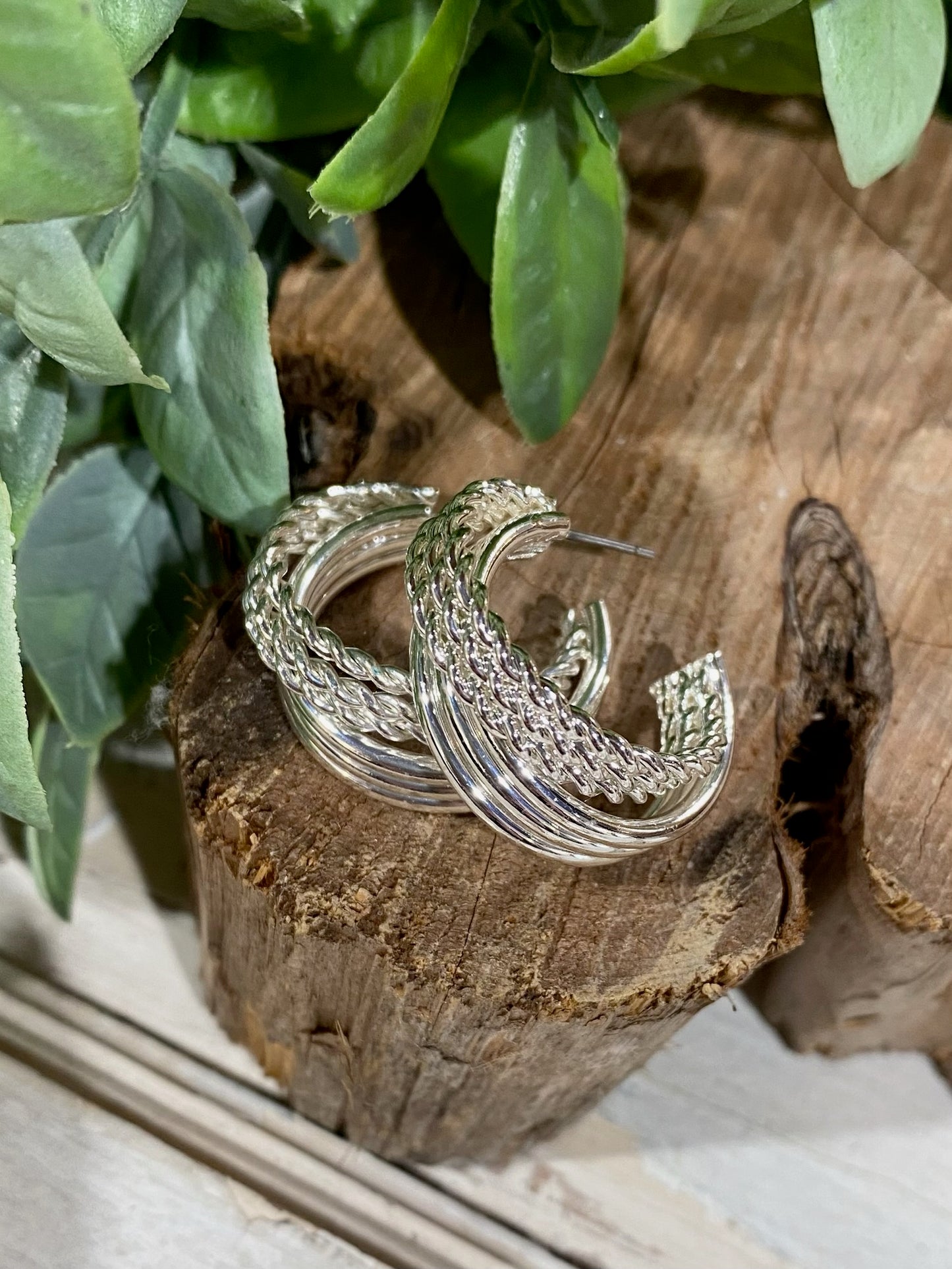 Silver Textured 1" Layered Hoop Earring