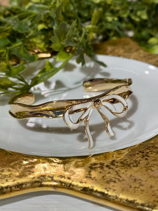 Gold Metal Hammered Cuff with White Bow