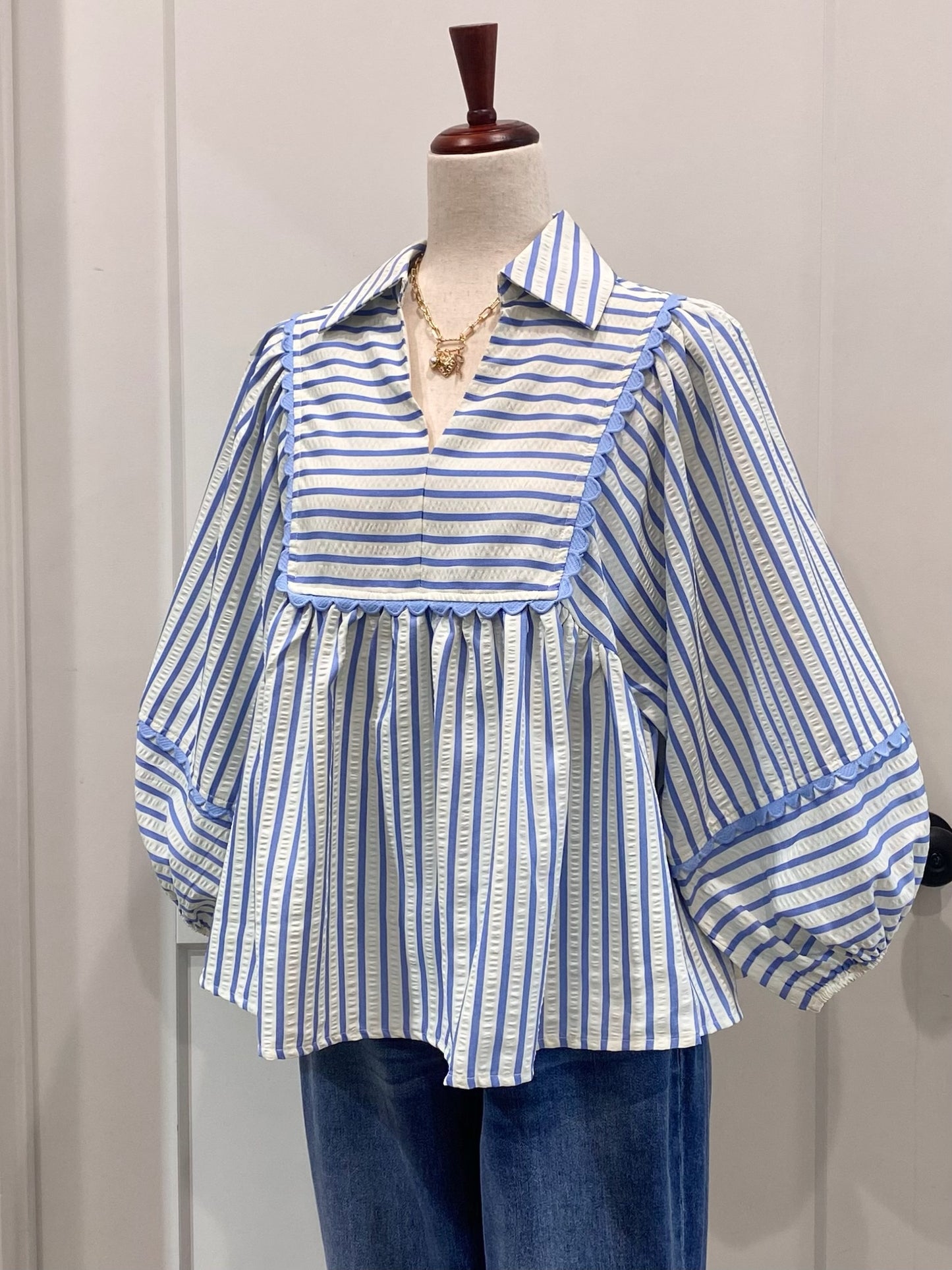 Striped Collared V-Neck Top
