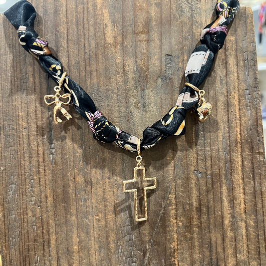 Black Knotted Scarf Necklace with Heart, Cross, and Pearl Charms