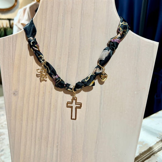 Black Knotted Scarf Necklace with Heart, Cross, and Pearl Charms