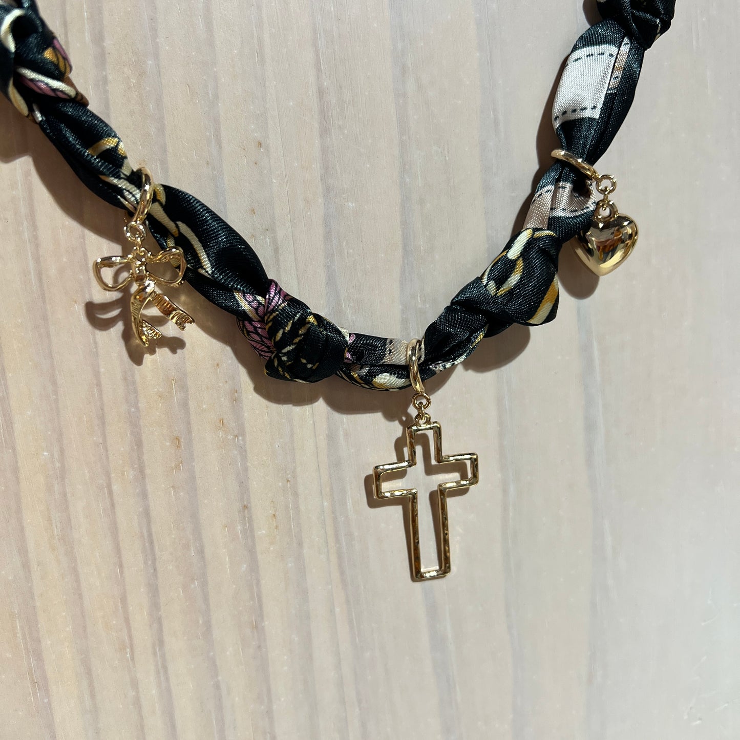 Black Knotted Scarf Necklace with Heart, Cross, and Pearl Charms