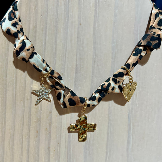 Cheetah Print Scarf Necklace with Heart, Cross, and Star Charms
