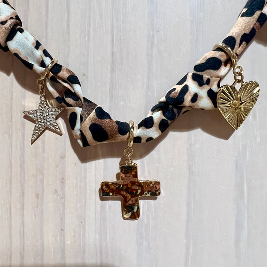 Cheetah Print Scarf Necklace with Heart, Cross, and Star Charms