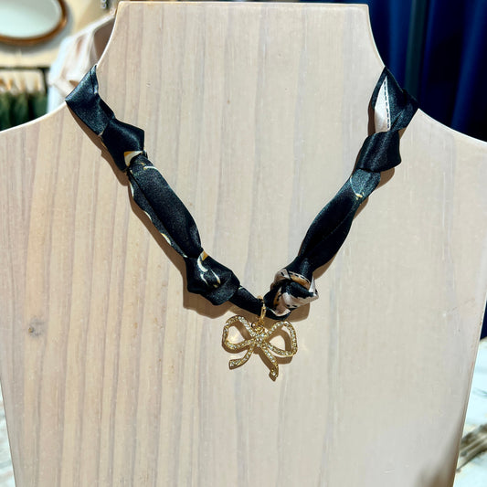 Black Knotted Scarf Necklace with Rhinestone Open Bow 1.5" Charm