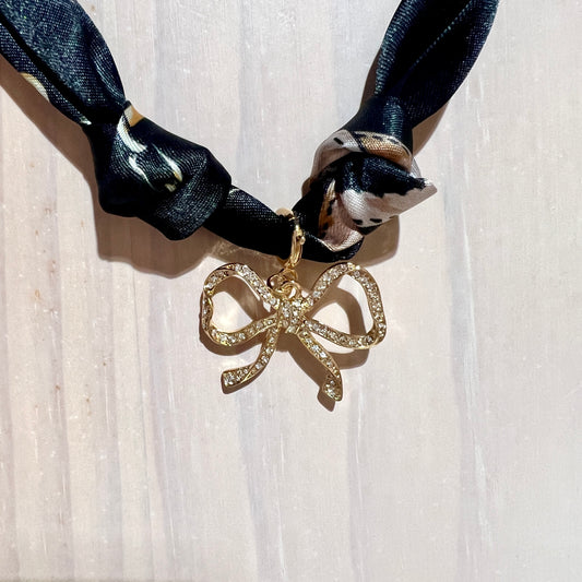 Black Knotted Scarf Necklace with Rhinestone Open Bow 1.5" Charm