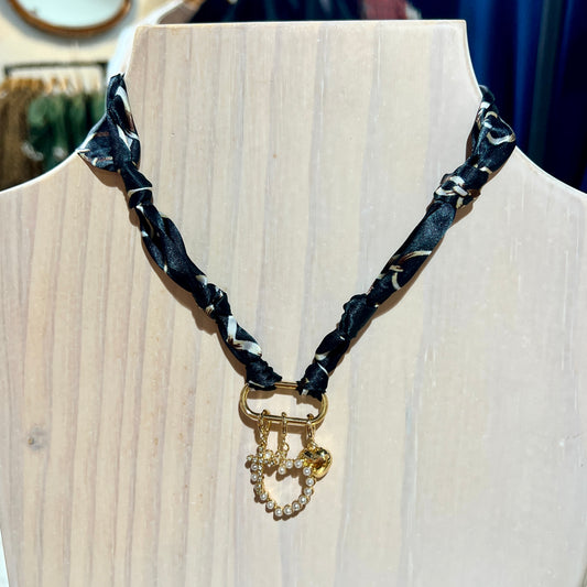 Black Multi with Heart Charm Scarf Necklace