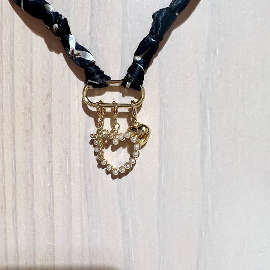 Black Multi with Heart Charm Scarf Necklace