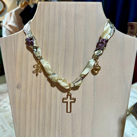 Cream Knotted Scarf Necklace with Heart, Cross, and Bow Charms
