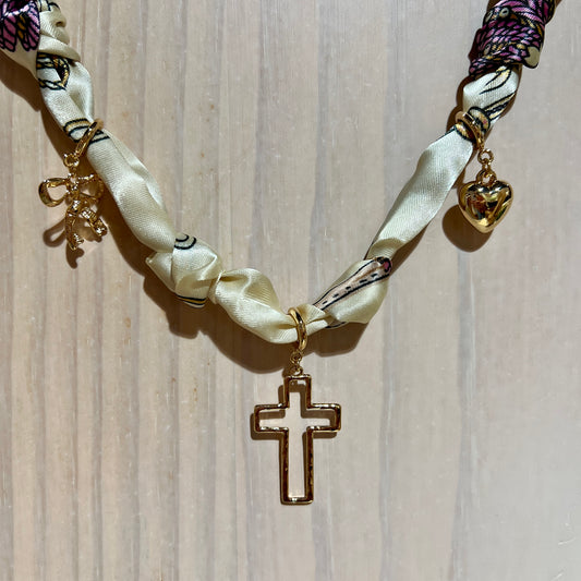 Cream Knotted Scarf Necklace with Heart, Cross, and Bow Charms