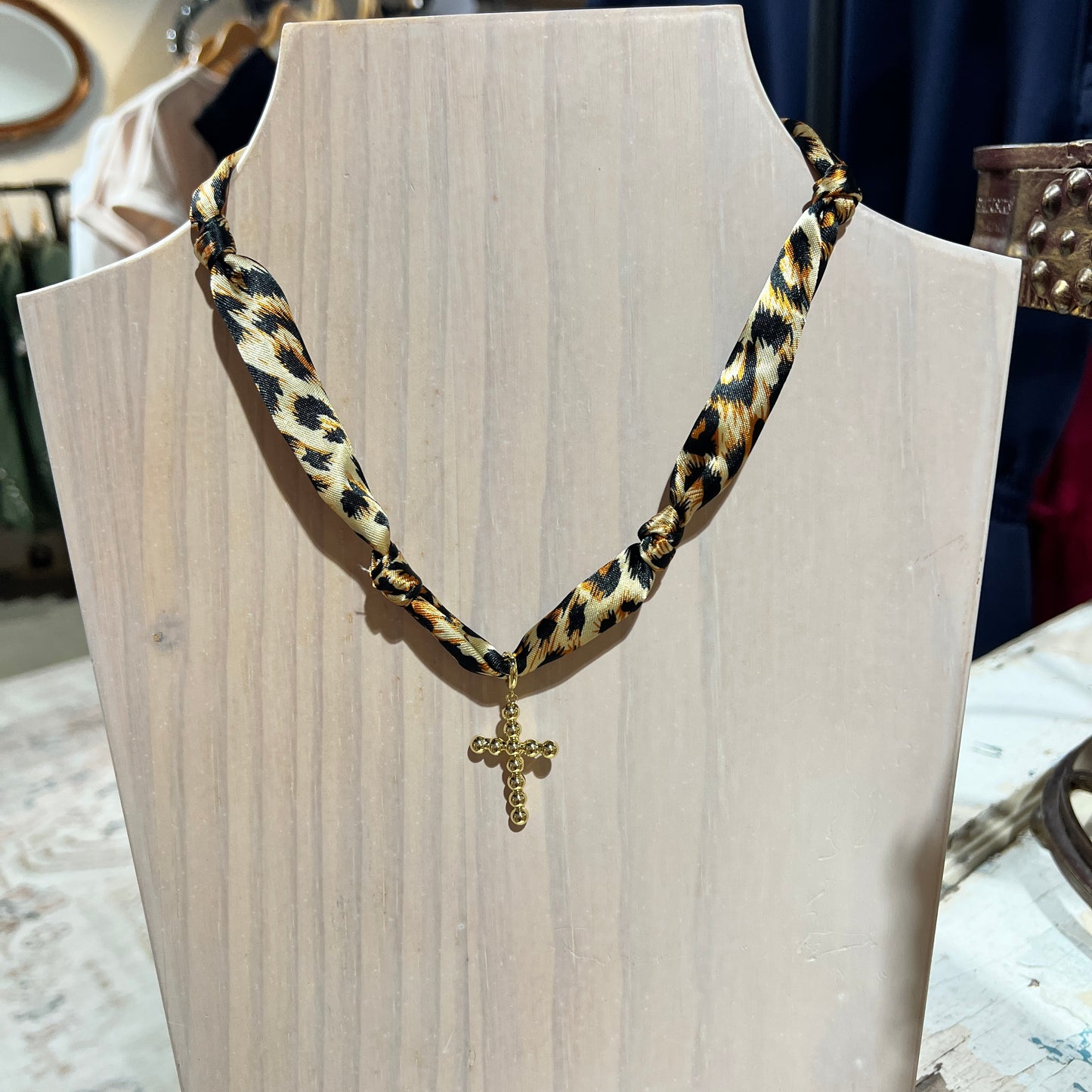 Cheetah Print Knotted Scarf Necklace with Cross Charm