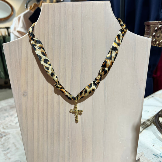 Cheetah Print Knotted Scarf Necklace with Cross Charm
