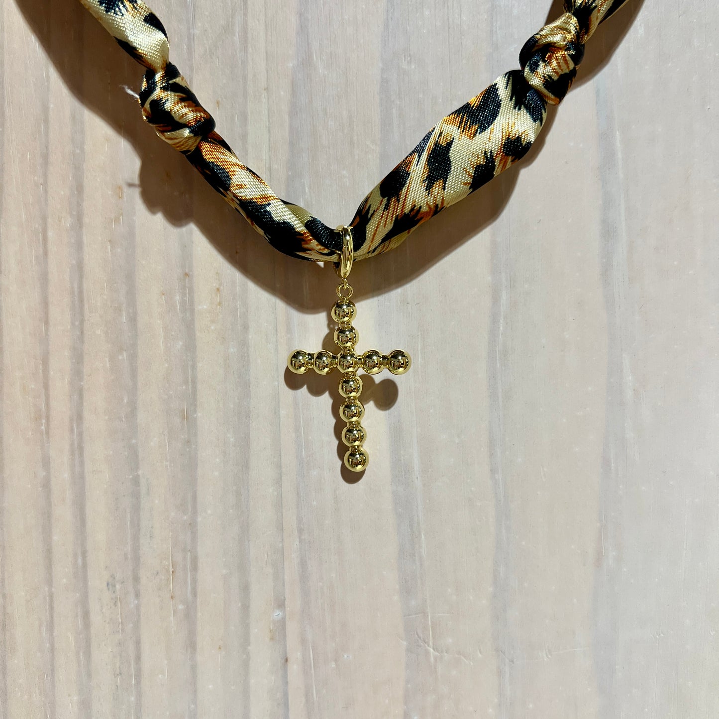 Cheetah Print Knotted Scarf Necklace with Cross Charm