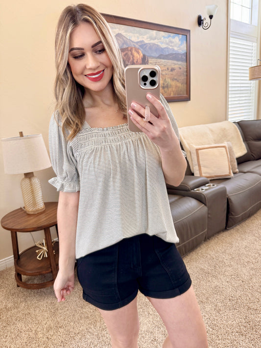 Ivory and Black Striped Top with Ruffle Sleeve