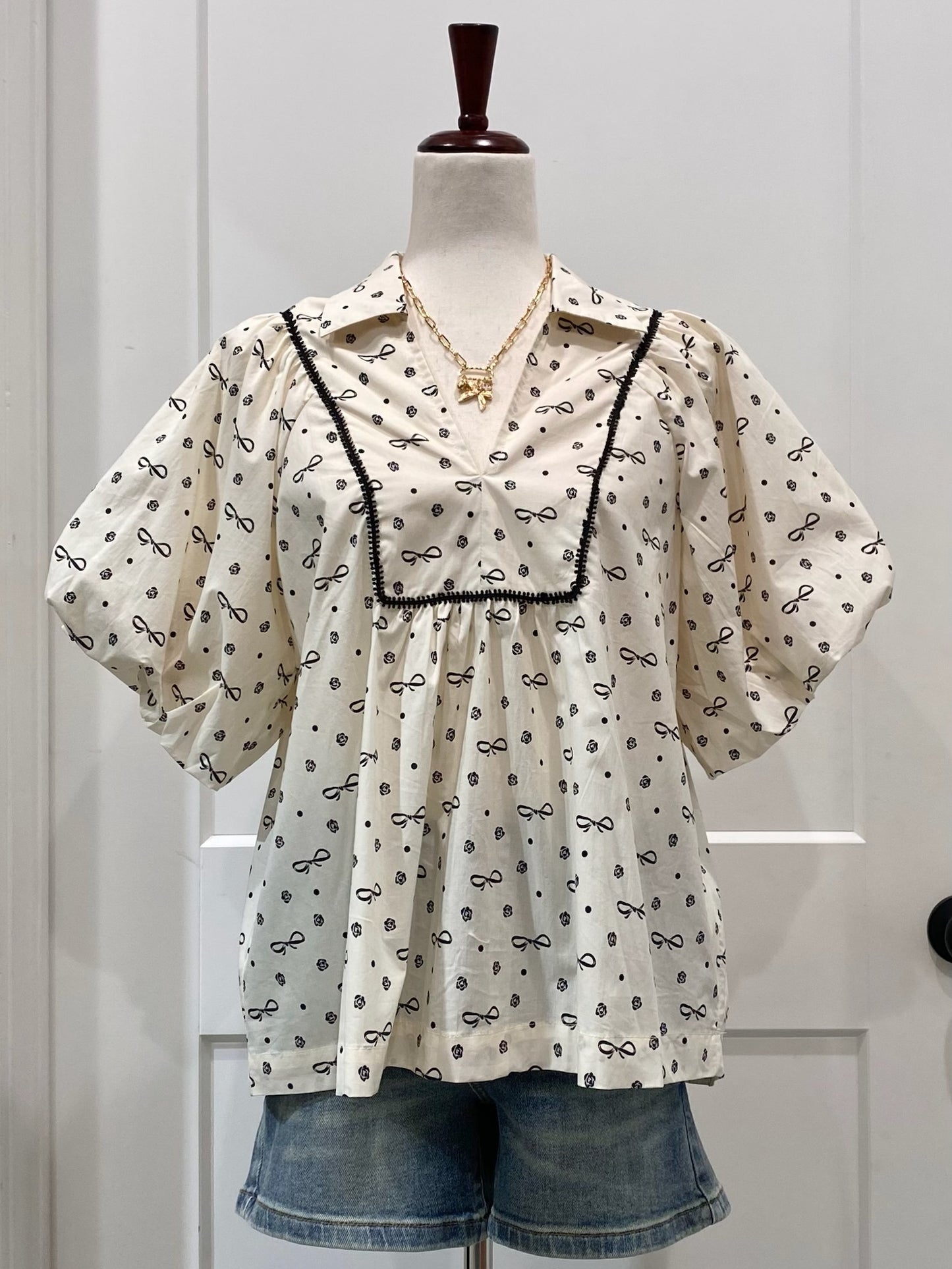 Bow Puff Sleeve Babydoll Top