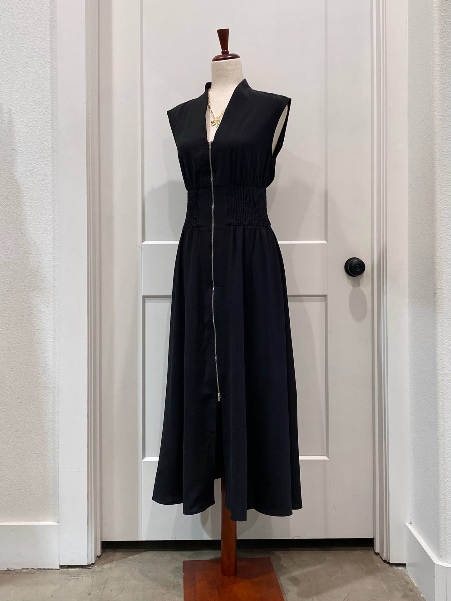 Sleeveless Zipper Front Shirred Waist Dress