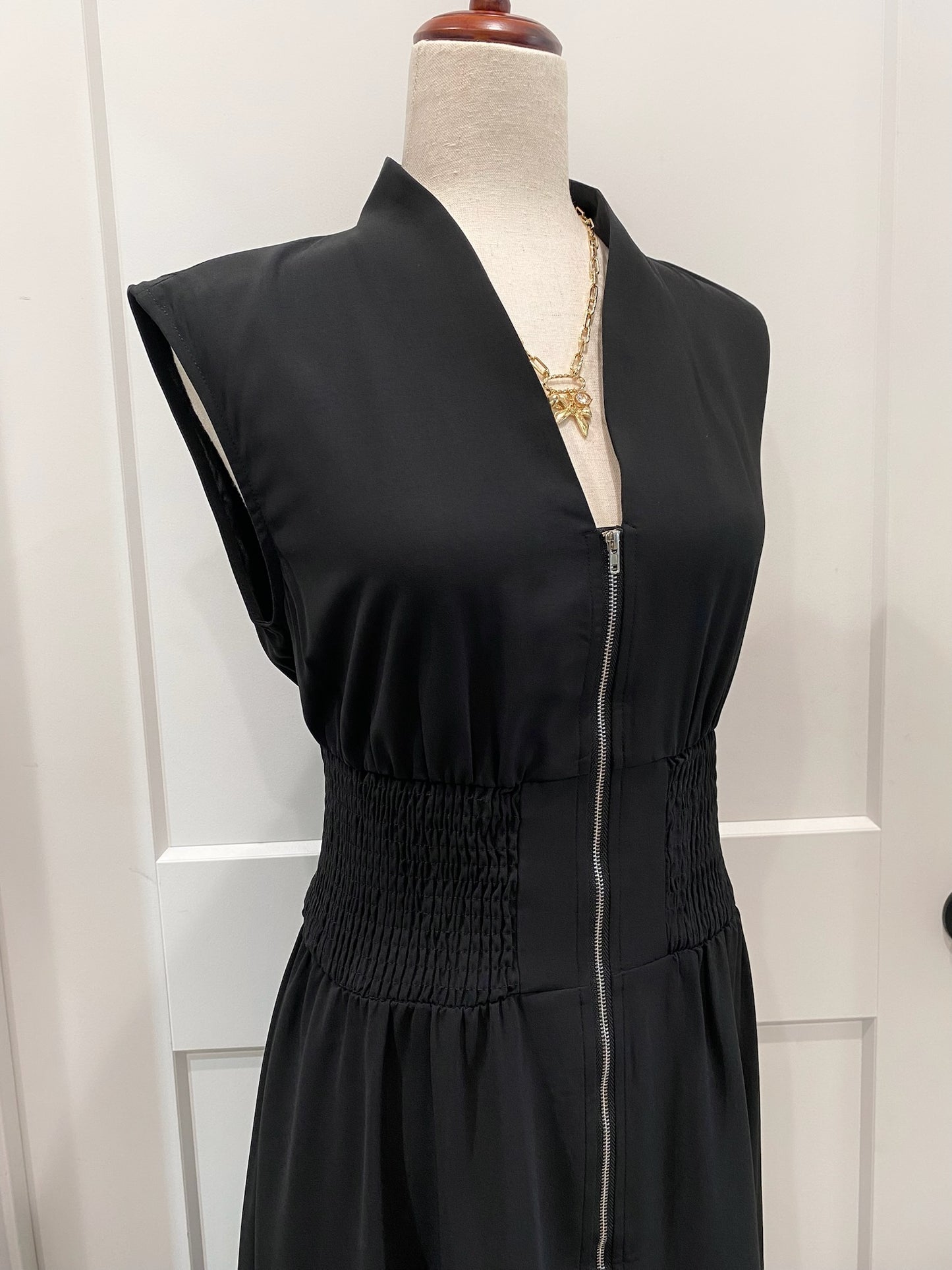 Sleeveless Zipper Front Shirred Waist Dress