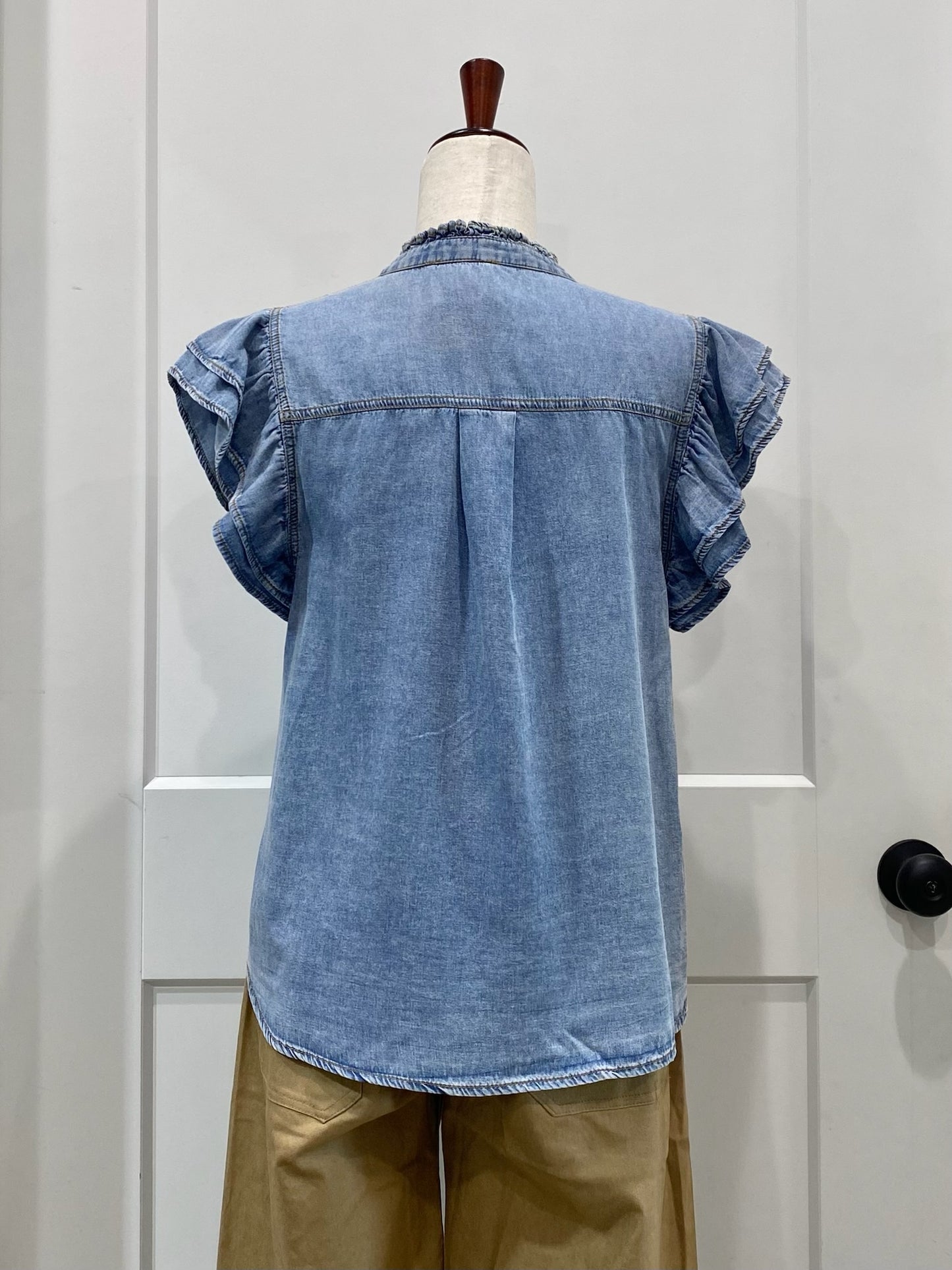 Ruffle Trim Chambray Top