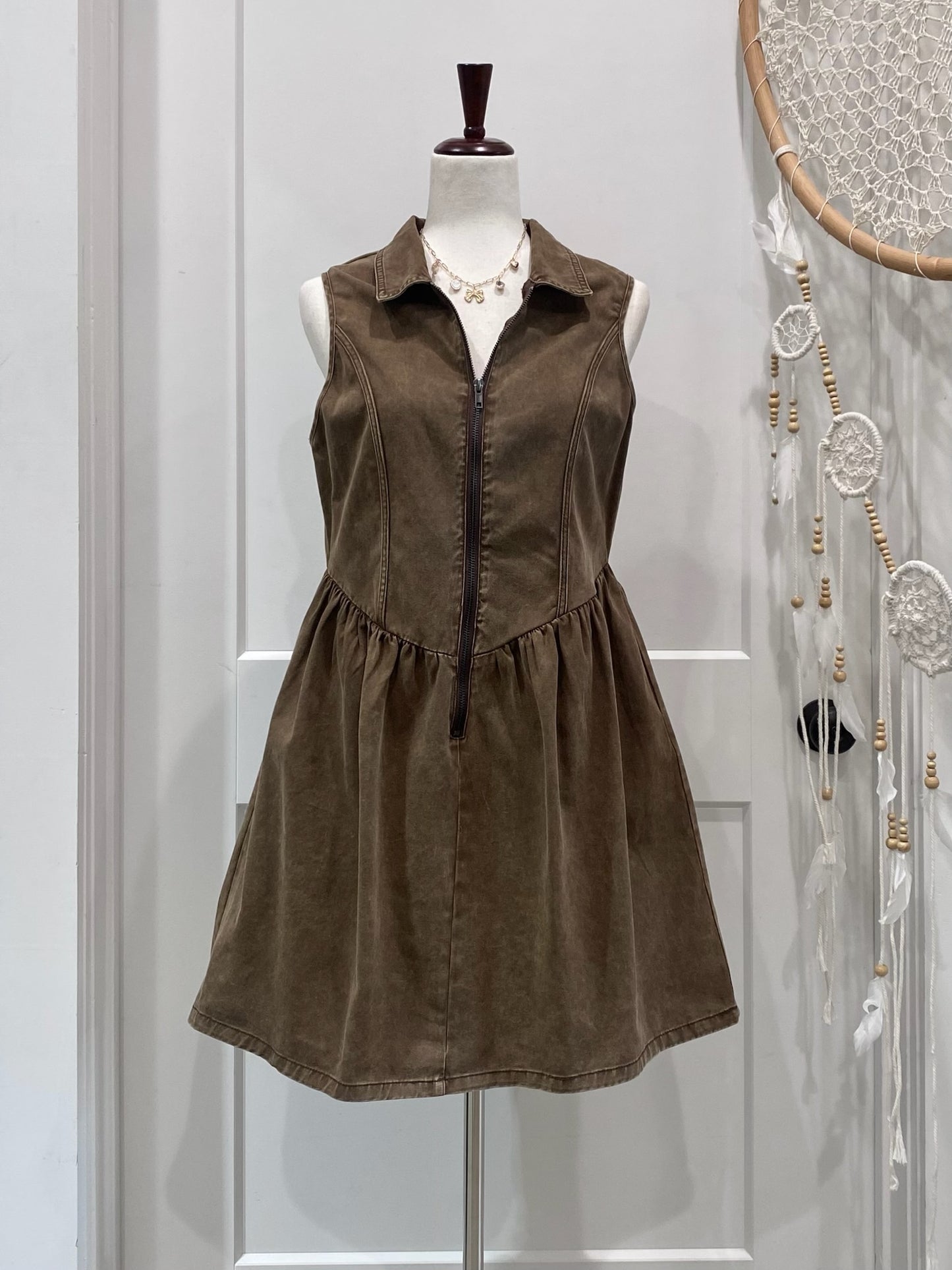 Sleeveless Zip Up Twill Mini Dress