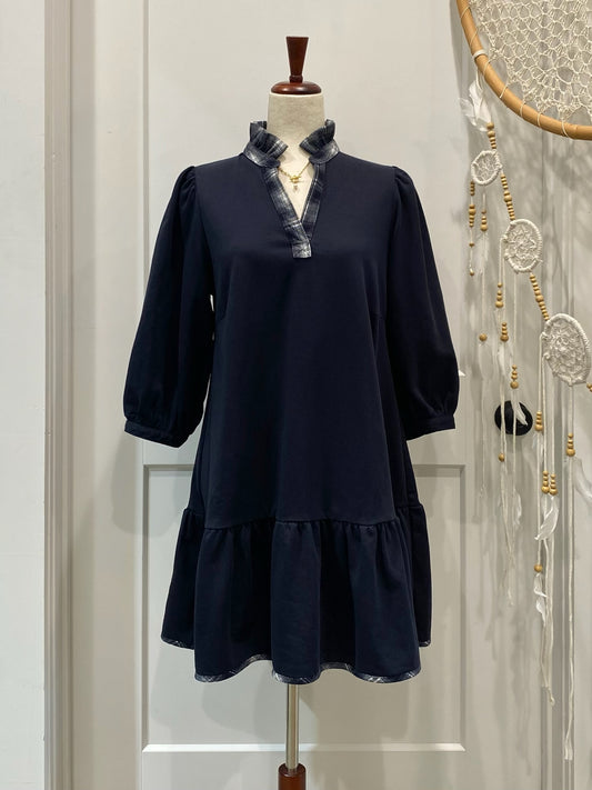 French Terry Ruffle Hem Dress with Plaid Trim