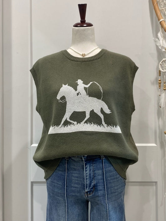 Western Graphic Cap Sleeve Sweater