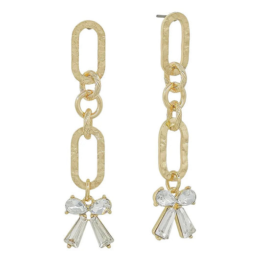 Gold Hammered Oval with Rhinestone Bow Earring
