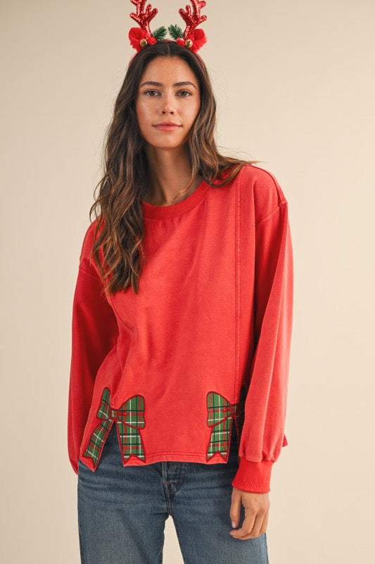 Christmas Plaid Bow Embroidered Sweatshirt