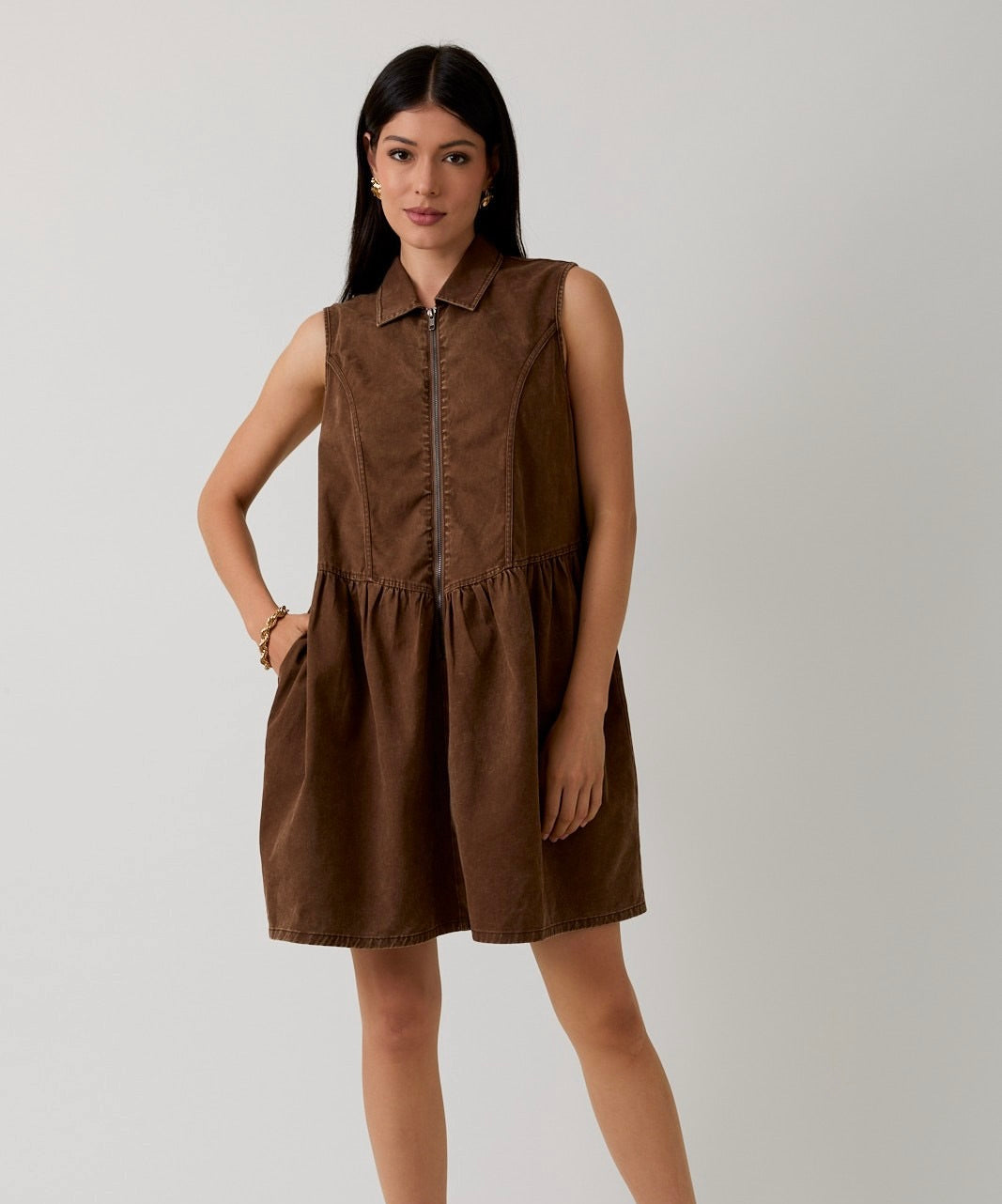 Sleeveless Zip Up Twill Mini Dress