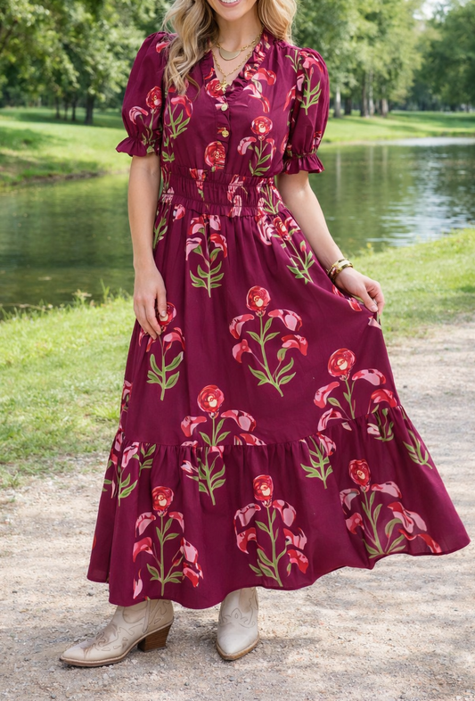 Red Floral Frilled Maxi Dress