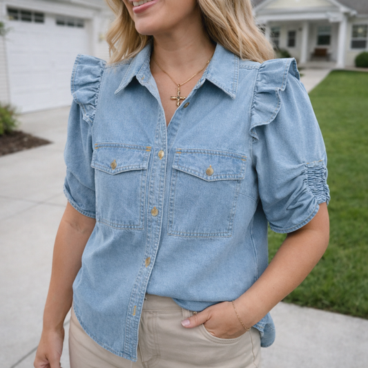 Ruffle Detail Button Denim Shirt