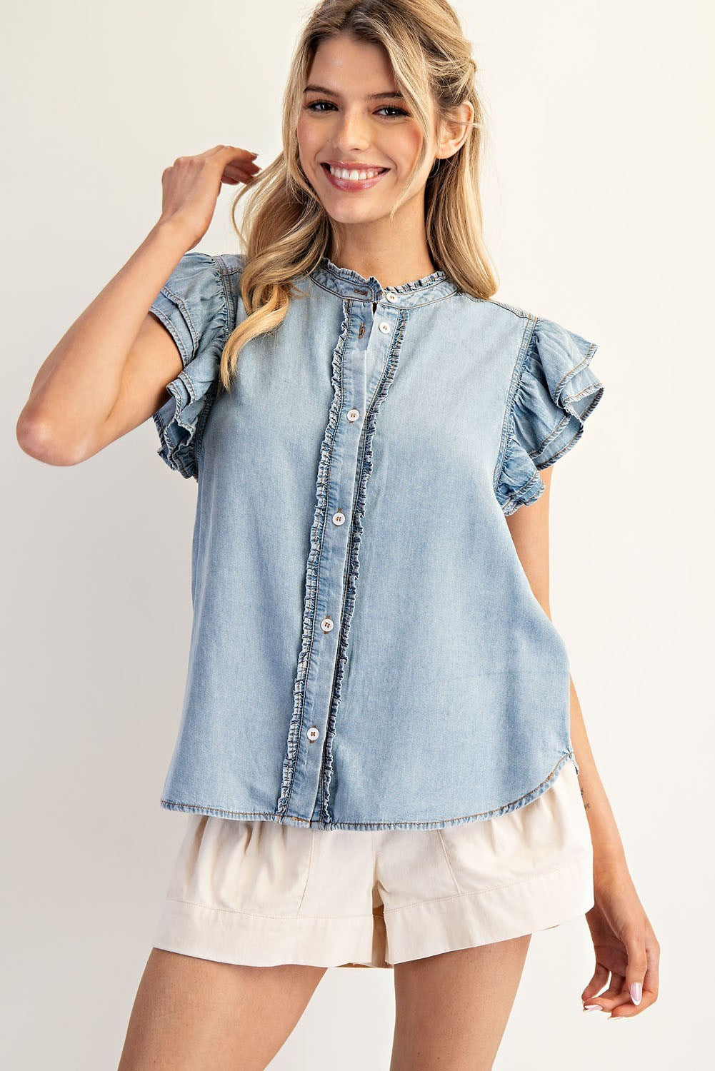 Ruffle Trim Chambray Top