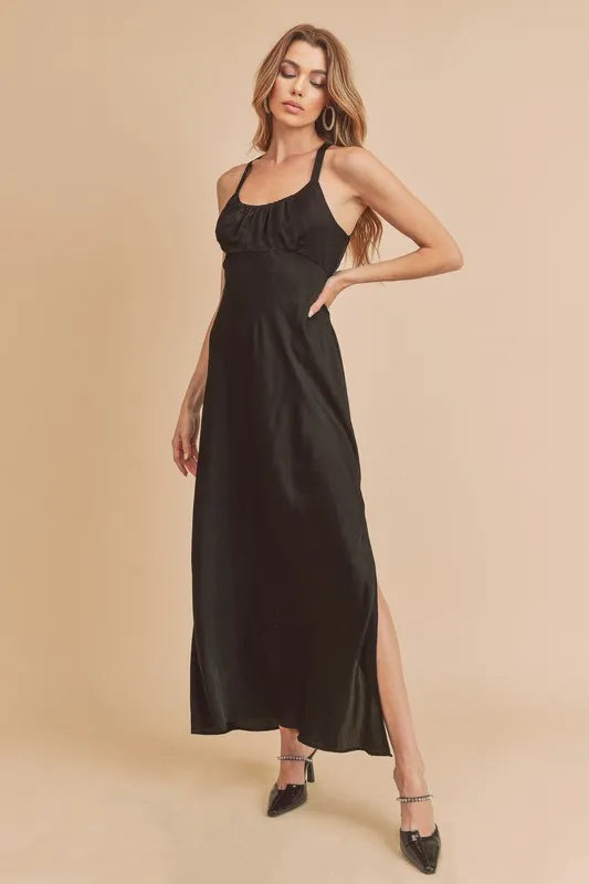 Ruched Side Slit Cutout Back Maxi Cami Dress